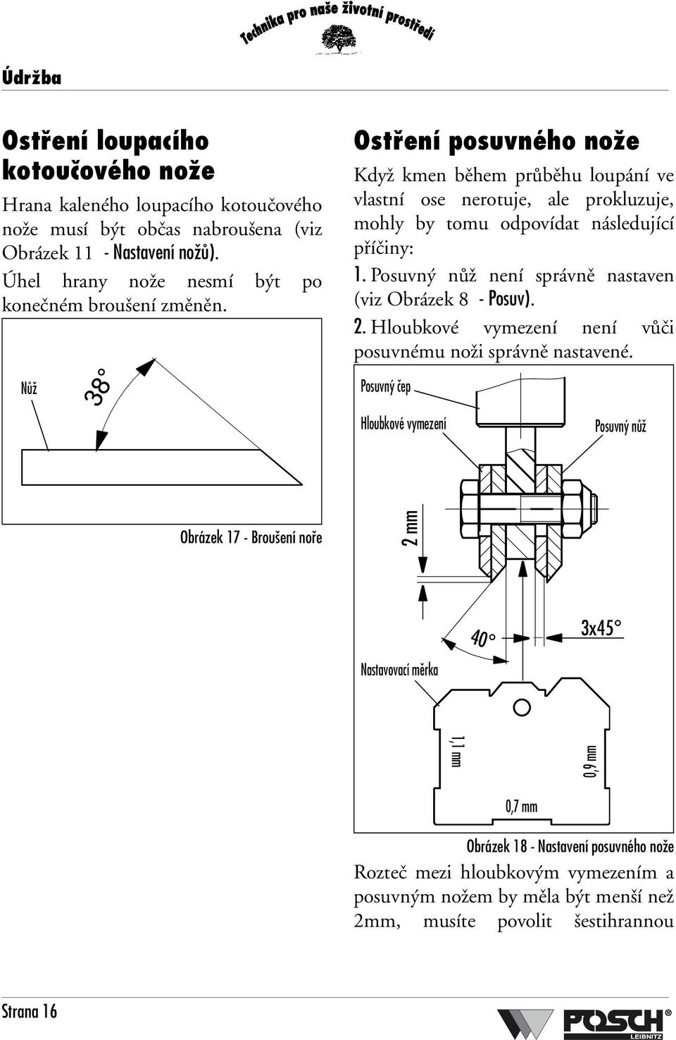 Nůž Ostření posuvného nože Když kmen během průběhu loupání ve vlastní ose nerotuje, ale prokluzuje, mohly by tomu odpovídat následující příčiny: 1.