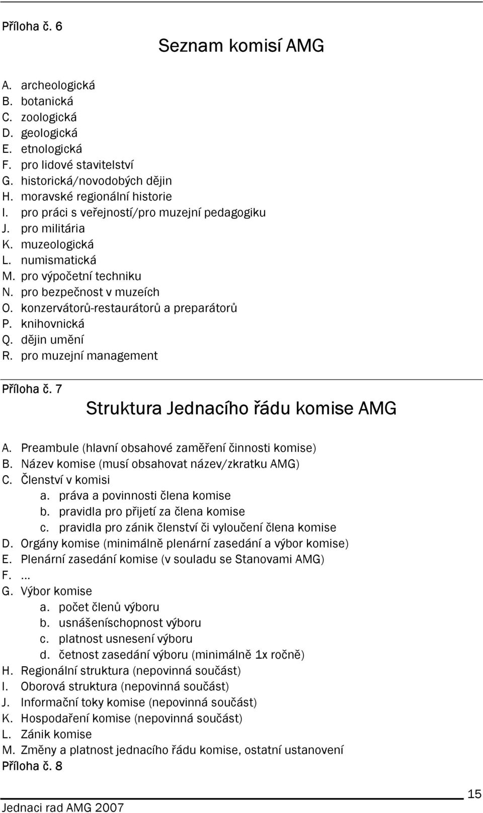 knihovnická Q. dějin umění R. pro muzejní management Příloha č. 7 Struktura Jednacího řádu komise AMG A. Preambule (hlavní obsahové zaměření činnosti komise) B.