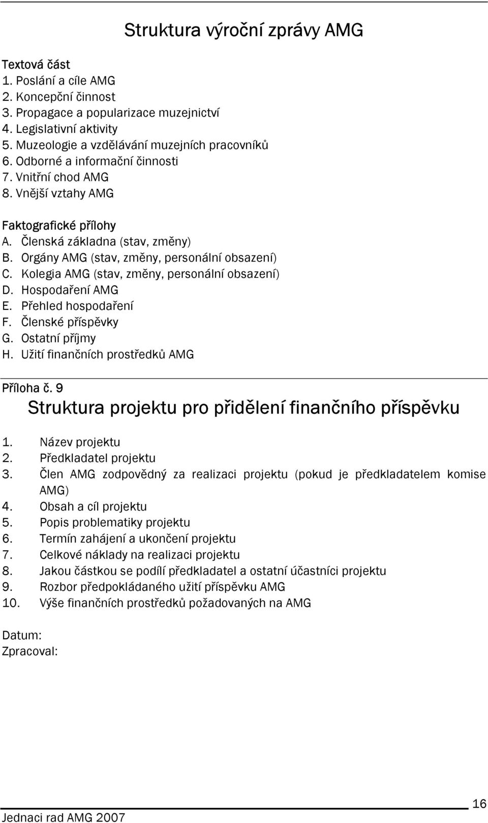 Kolegia AMG (stav, změny, personální obsazení) D. Hospodaření AMG E. Přehled hospodaření F. Členské příspěvky G. Ostatní příjmy H. Užití finančních prostředků AMG Příloha č.