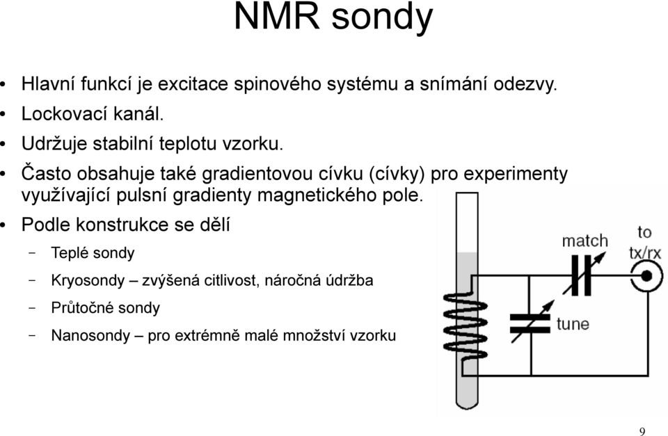 Často obsahuje také gradientovou cívku (cívky) pro experimenty využívající pulsní gradienty