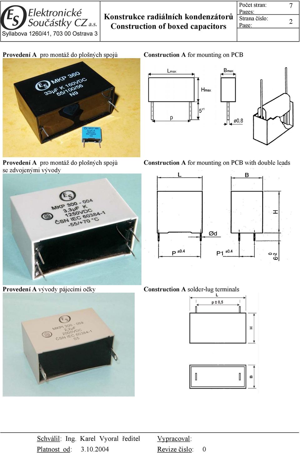 zdvojenými vývody Construction A for mounting on PCB with double