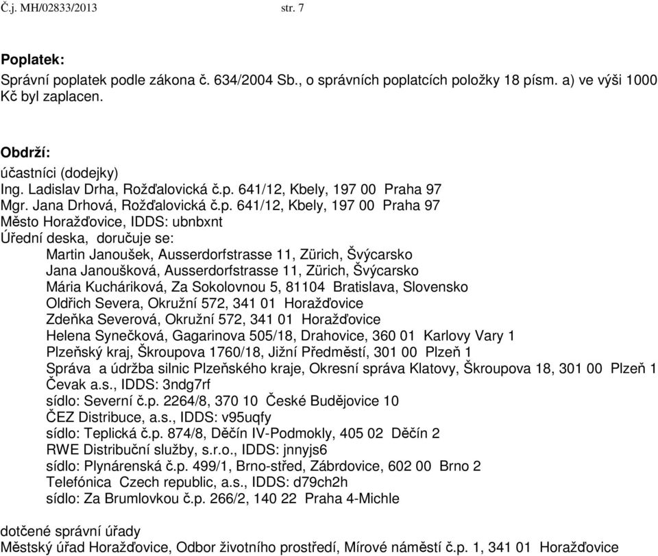 641/12, Kbely, 197 00 Praha 97 Mgr. Jana Drhová, Rožďalovická č.p.