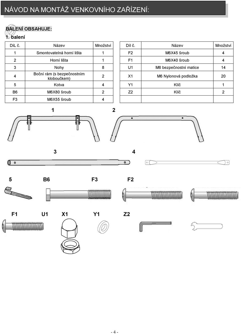 Název Množství 1 Smontovatelná horní lišta 1 F2 M6X45 šroub 4 2 Horní lišta 1 F1 M6X40 šroub 4 3 Nohy 8
