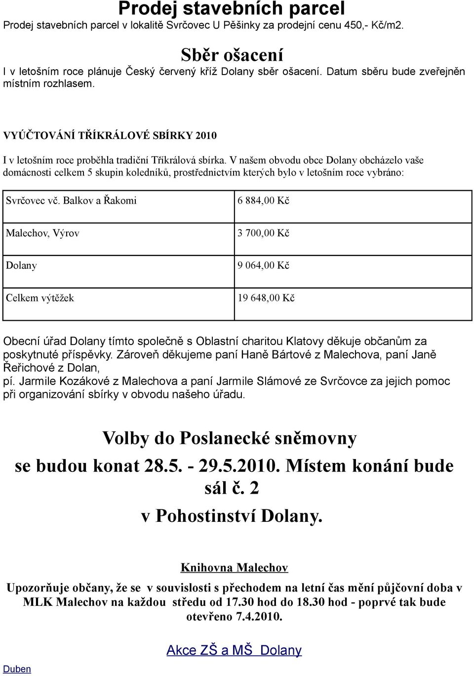 V našem obvodu obce Dolany obcházelo vaše domácnosti celkem 5 skupin koledníků, prostřednictvím kterých bylo v letošním roce vybráno: Svrčovec vč.