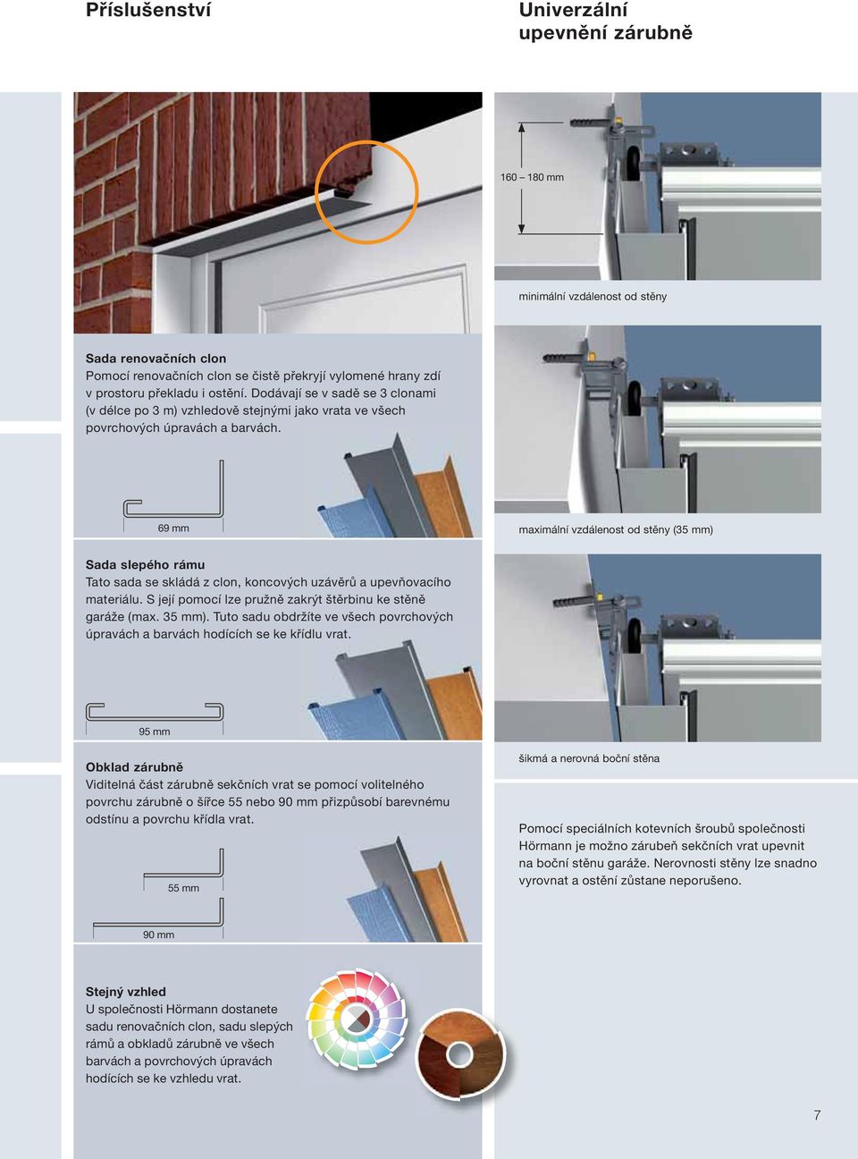 69 mm maximální vzdálenost od stěny (35 mm) Sada slepého rámu Tato sada se skládá z clon, koncových uzávěrů a upevňovacího materiálu. S její pomocí lze pružně zakrýt štěrbinu ke stěně garáže (max.