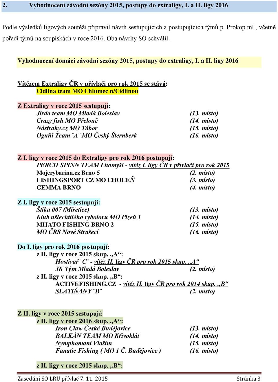 ligy 2016 Vítězem Extraligy ČR v přívlači pro rok 2015 se stává: Cidlina team MO Chlumec n/cidlinou Z Extraligy v roce 2015 sestupují: Jirda team MO Mladá Boleslav Crazy fish MO Přelouč Nástrahy.