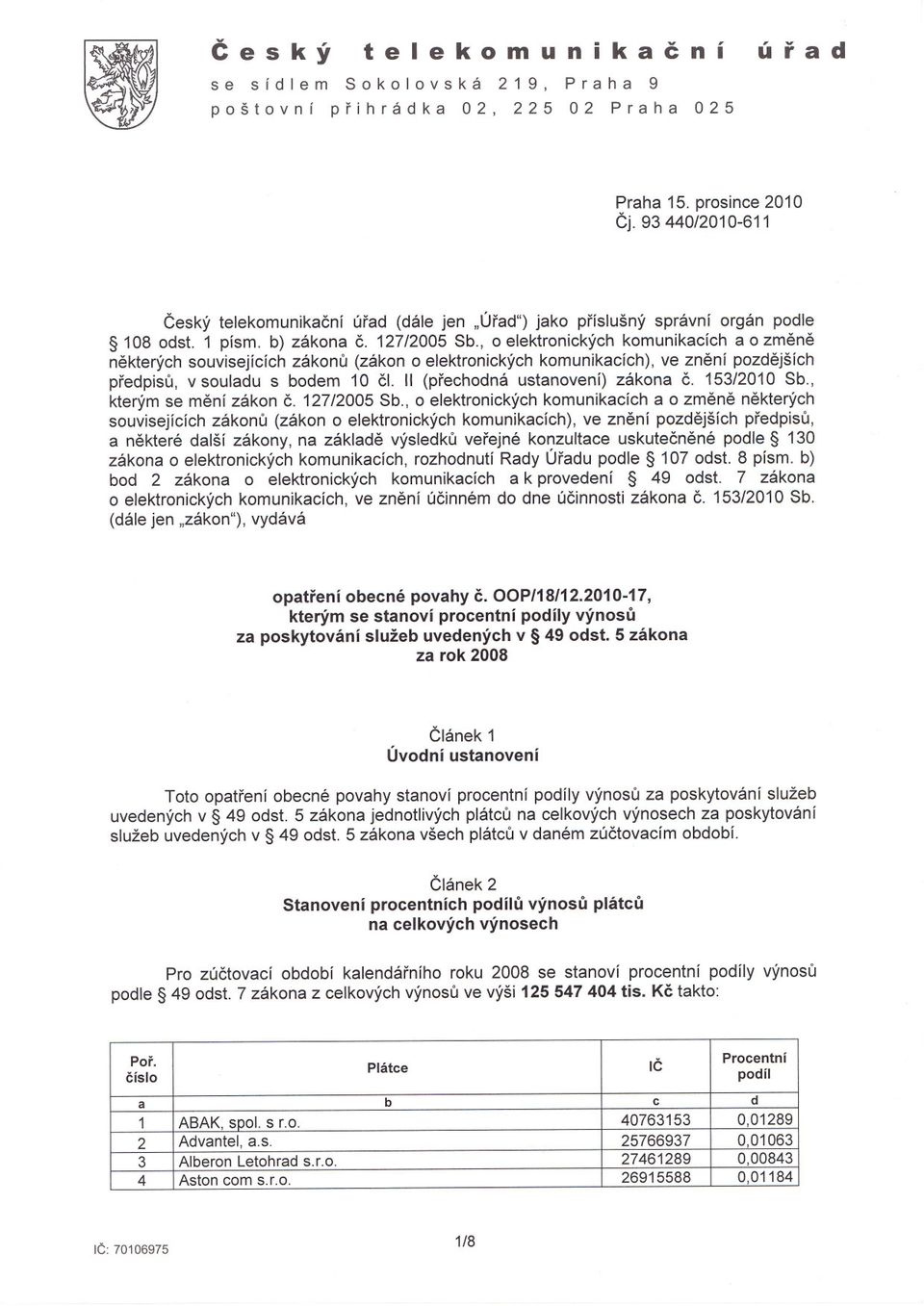 , o elektronických komunikacích a o zmene nekterých souvisejících zákonu (zákon o elektronických komunikacích), ve znení pozdejších predpisu, v souladu s bodem 10 ci.