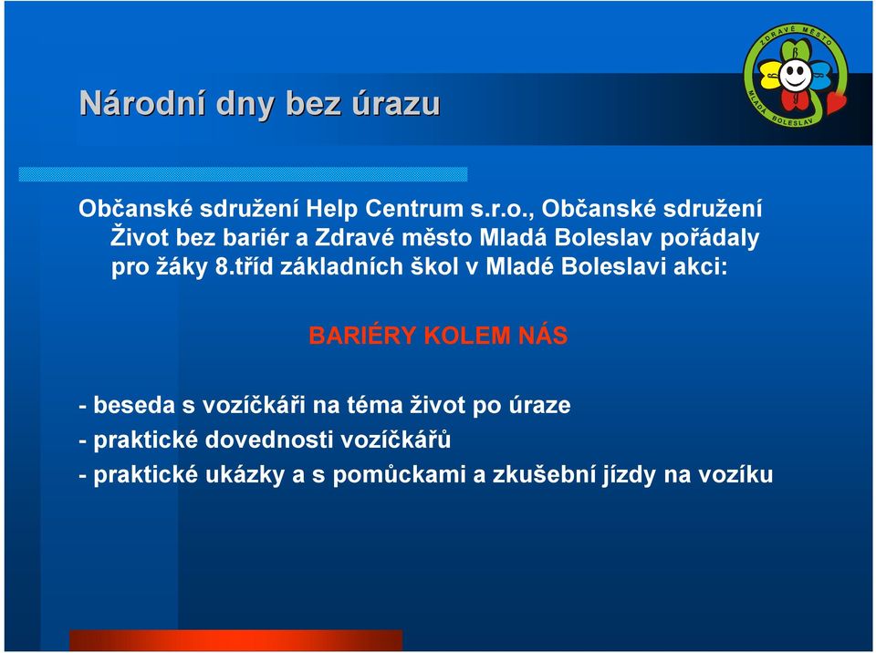 tříd základních škol v Mladé Boleslavi akci: BARIÉRY KOLEM NÁS -beseda s vozíčkáři na