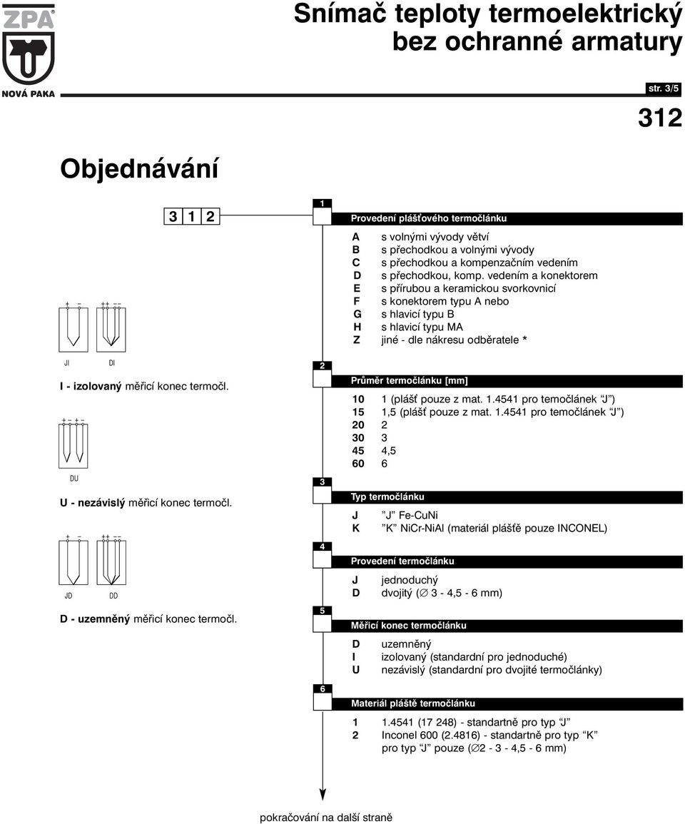 U - nezávislý měřicí konec termočl. D - uzemněný měřicí konec termočl. 2 3 4 5 6 Průměr termočlánku [mm] 0 (pláš pouze z mat..454 pro temočlánek J ) 5,5 (pláš pouze z mat.