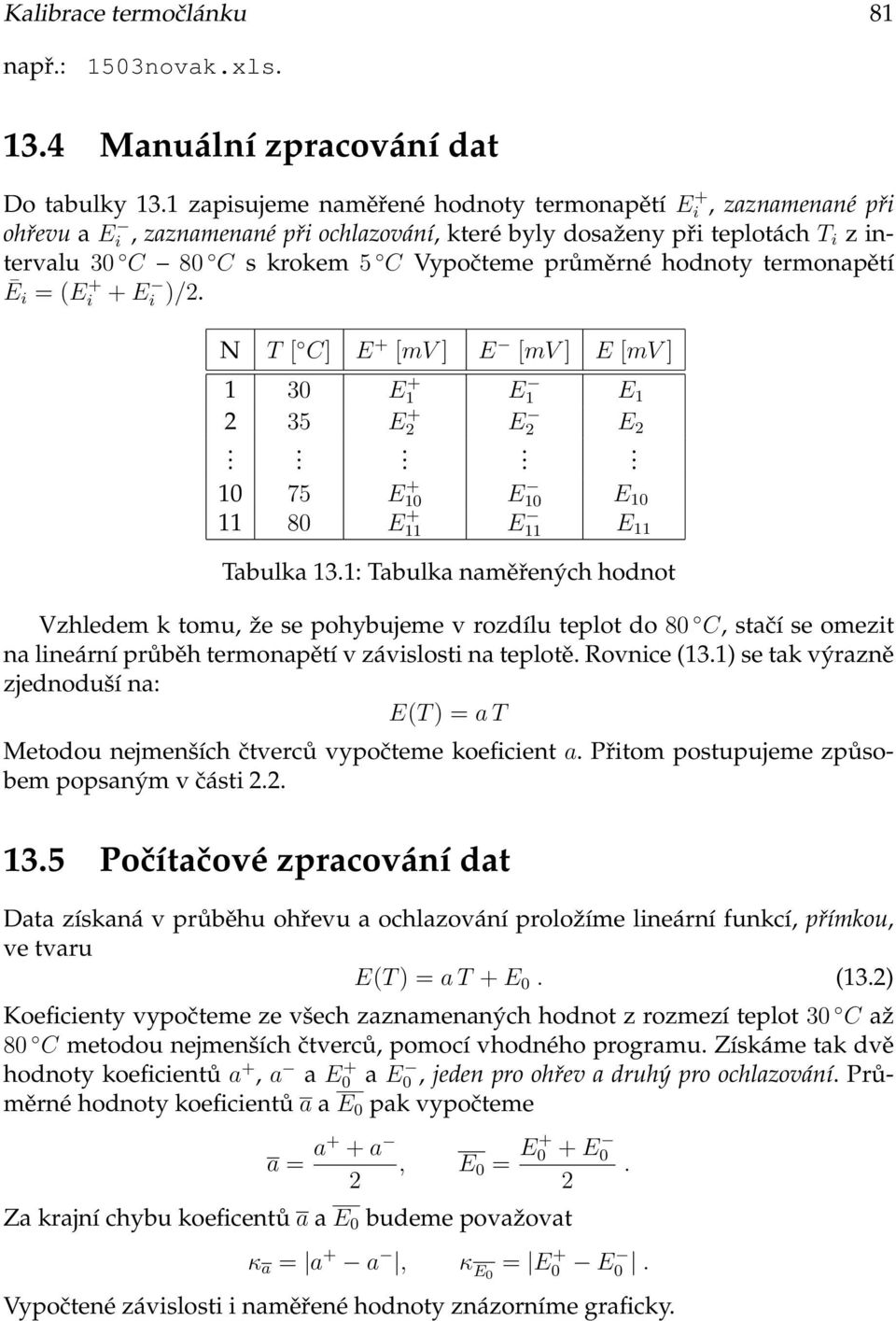 hodnoty termonapětí Ē i =(E + i + E i )/2. N T [ C] E + [mv ] E [mv ] E [mv ] 1 30 E 1 + E1 E 1 2 35 E 2 + E2 E 2..... 10 75 E 10 + E10 E 10 11 80 E 11 + E11 E 11 Tabulka 13.