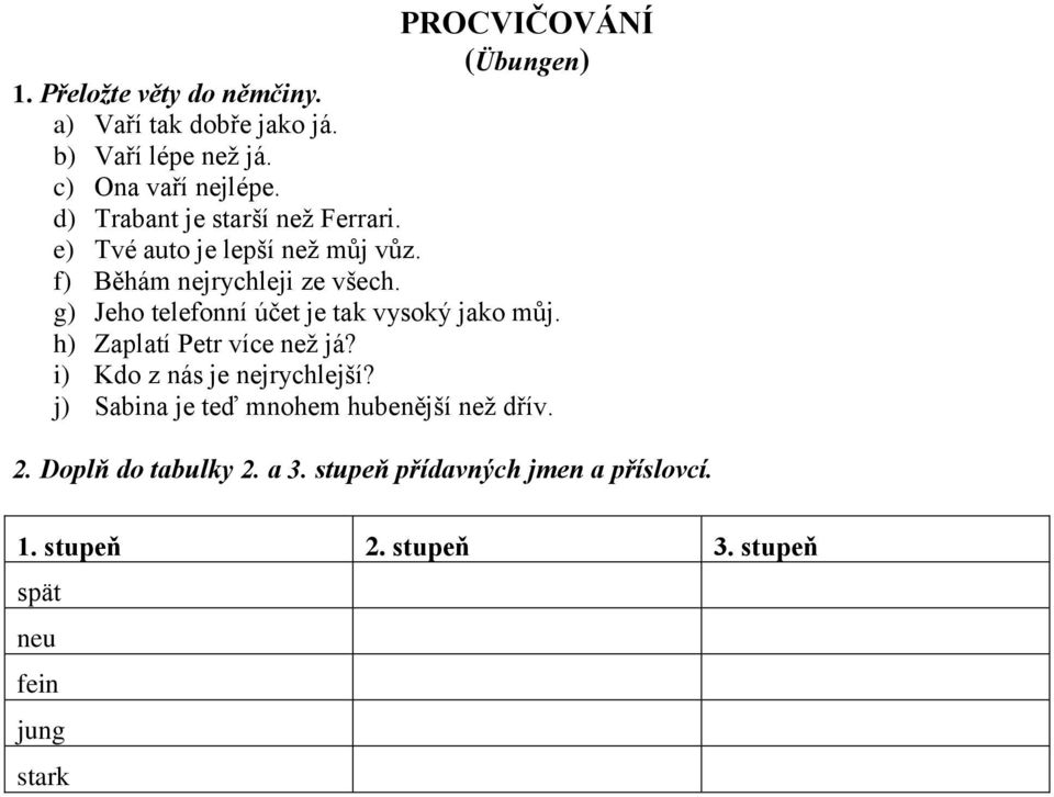 g) Jeho telefonní účet je tak vysoký jako můj. h) Zaplatí Petr více než já? i) Kdo z nás je nejrychlejší?