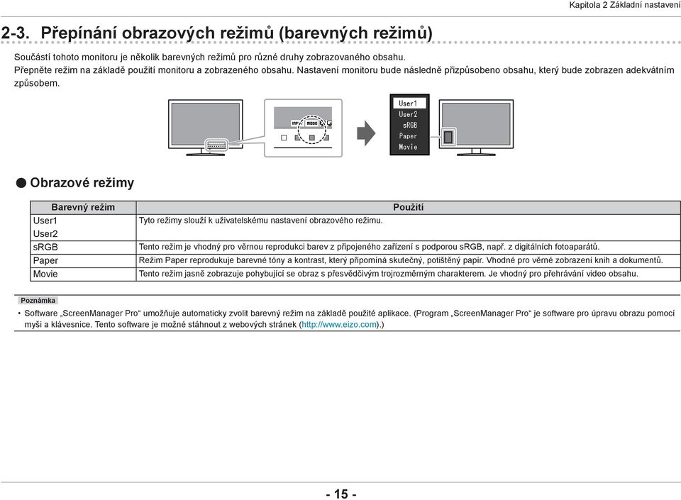 Obrazové režimy Barevný režim User1 User2 srgb Paper Movie Použití Tyto režimy slouží k uživatelskému nastavení obrazového režimu.