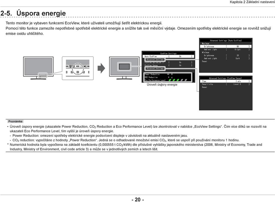 Úroveň úspory energie Poznámka Úroveň úspory energie (ukazatele Power Reduction, CO 2 Reduction a Eco Performance Level) lze zkontrolovat v nabídce EcoView Settings.