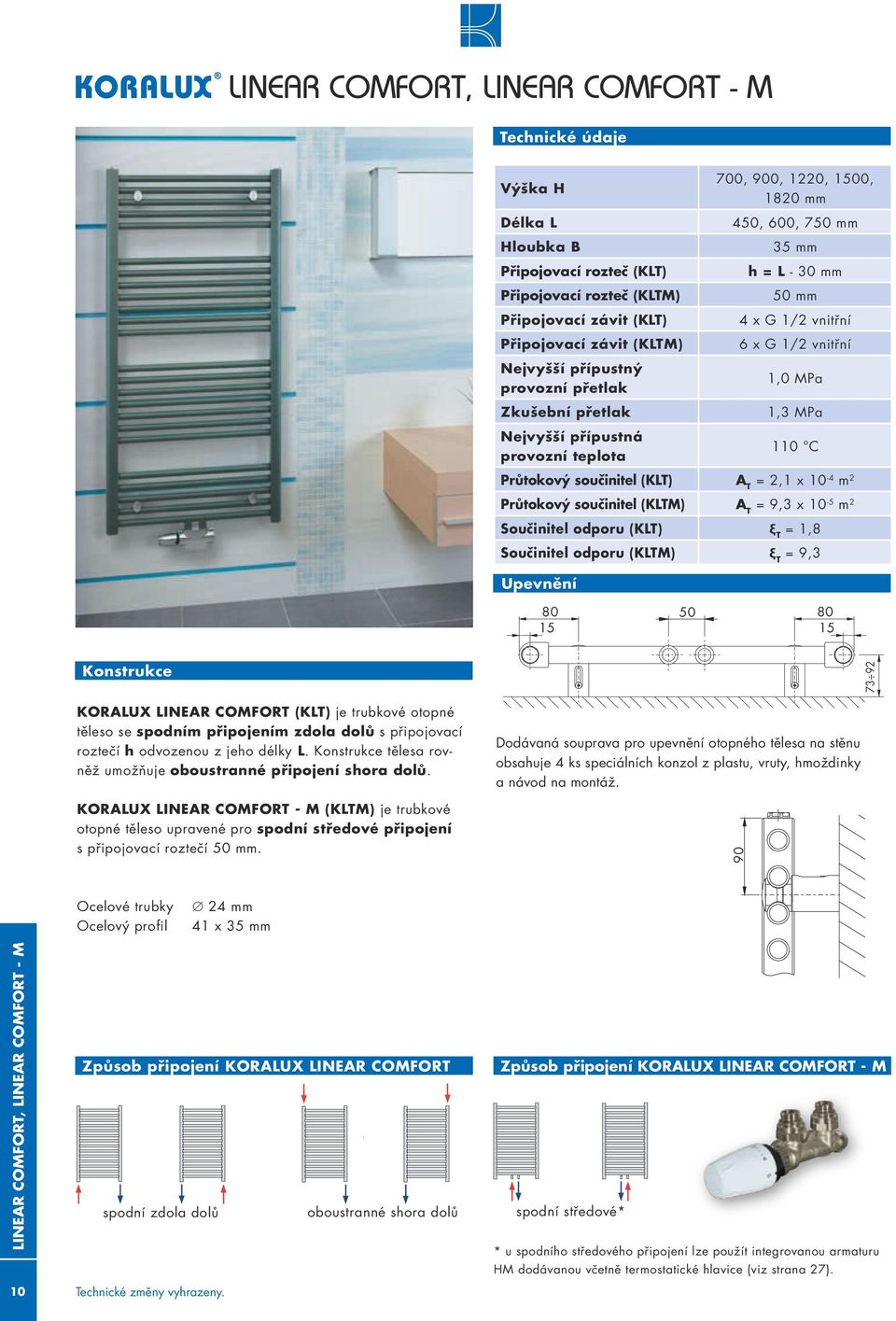 10-4 m 2 Průtokový součinitel (KTM) A T = 9,3 x 10-5 m 2 Součinitel odporu (KT) ξ T = 1,8 Součinitel odporu (KTM) ξ T = 9,3 e Upevnění 80 80 15 15 Konstrukce KORAUX INEAR COMFORT (KT) je trubkové