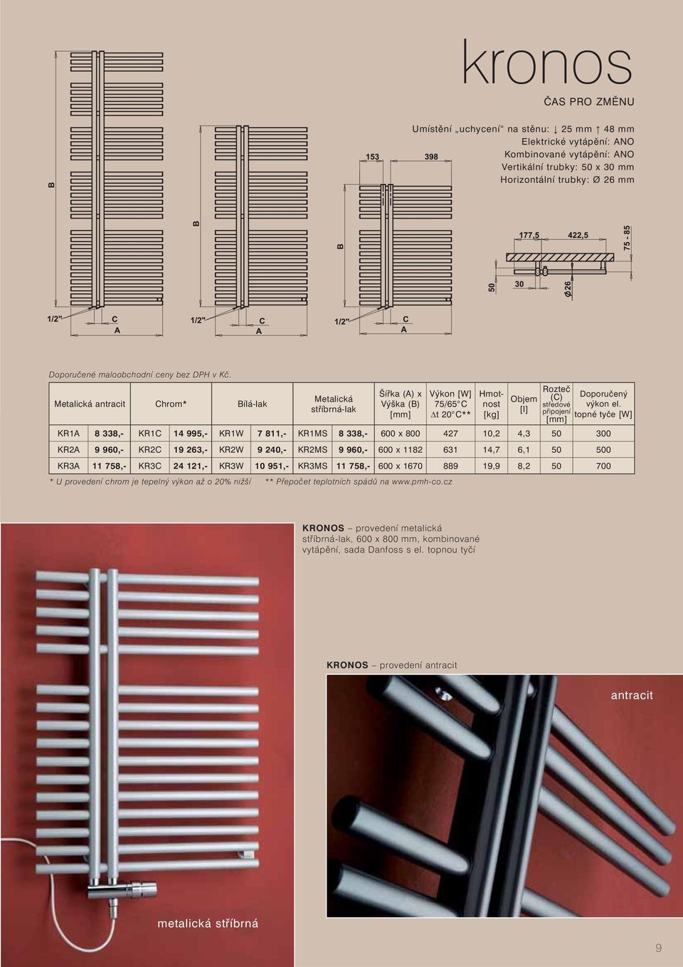 Metalická antracit Chrom* Bílá-lak Metalická stříbrná-lak Šířka (A) x Výška (B) Výkon [W] 75/65 C Δt 20 C** * U provedení chrom je tepelný výkon až o 20% nižší ** Přepočet teplotních spádů na www.