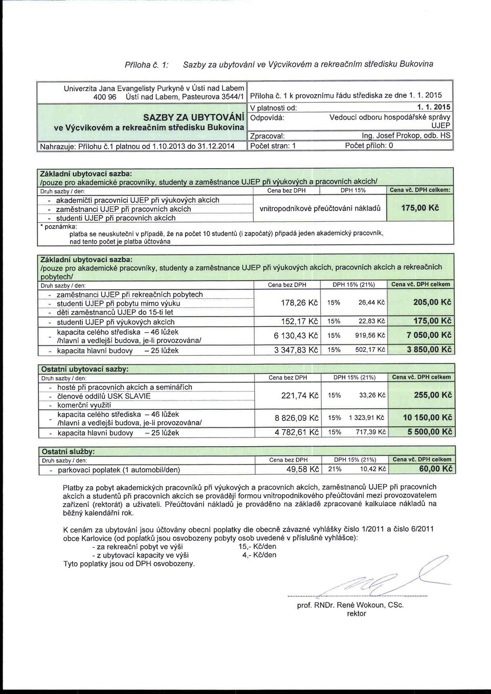 I Odpovid6: Vedouci odboru hospoddisk6 spr6vy ve Vricvikov6m a rekreadnim stiedisku Bukovina UJEP Zoracoval: Ino. Josef Prokop, odb. HS Nahrazuie: Piilohu 6.1 platnou od 1.10.2013 do 31.12.