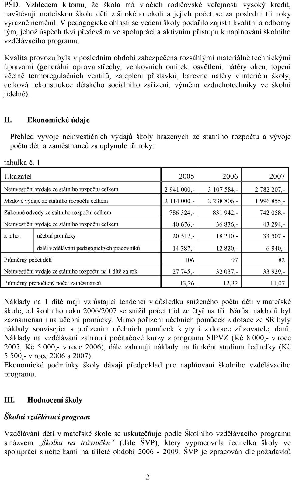 Kvalita provozu byla v posledním období zabezpečena rozsáhlými materiálně technickými úpravami (generální oprava střechy, venkovních omítek, osvětlení, nátěry oken, topení včetně termoregulačních