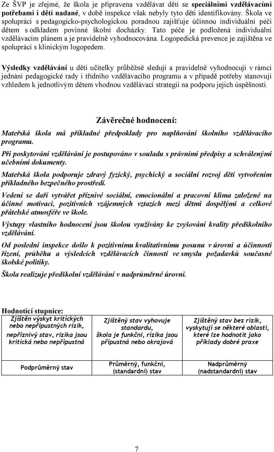 Tato péče je podložená individuální vzdělávacím plánem a je pravidelně vyhodnocována. Logopedická prevence je zajištěna ve spolupráci s klinickým logopedem.