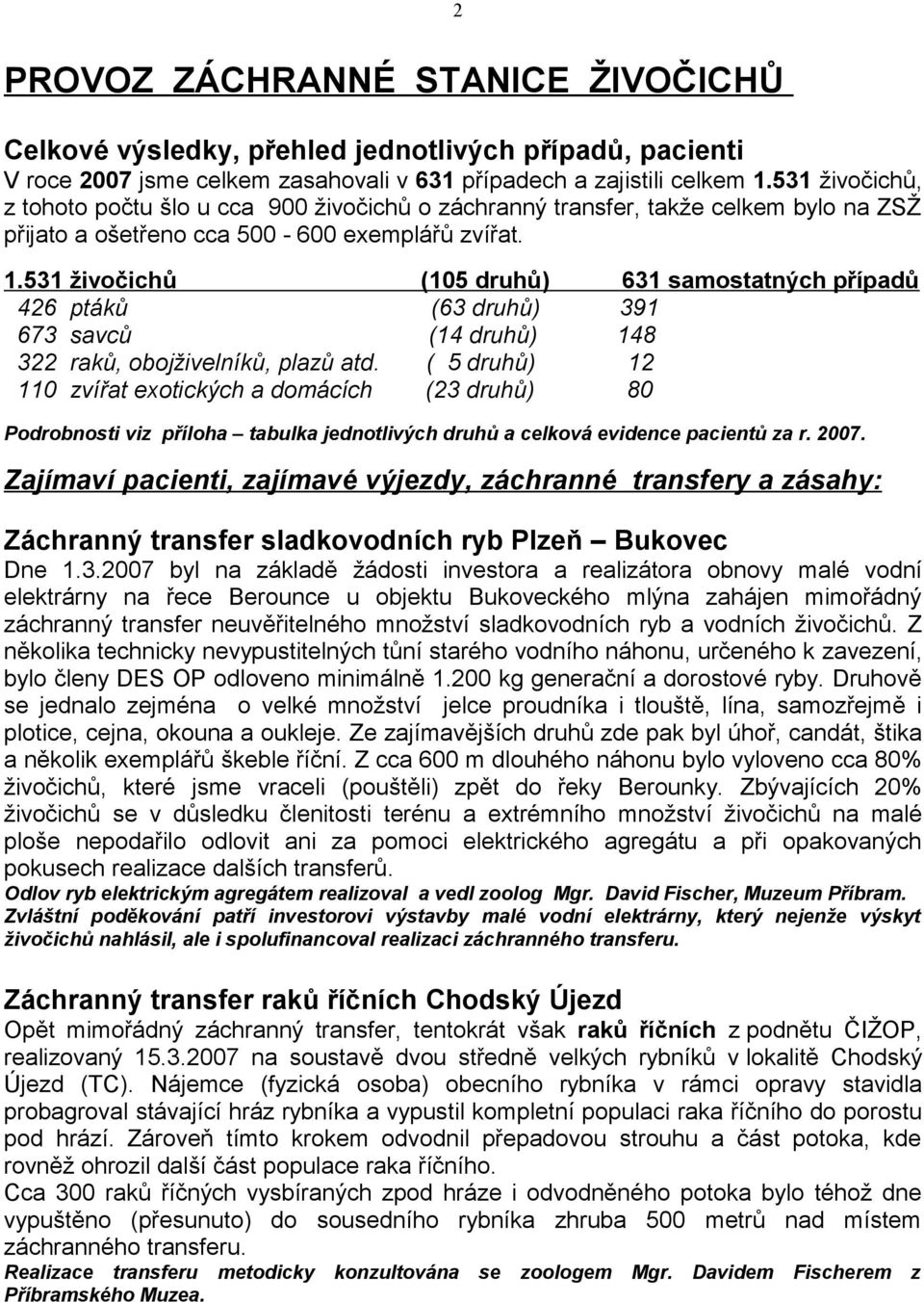 531 živočichů (105 druhů) 631 samostatných případů 426 ptáků (63 druhů) 391 673 savců (14 druhů) 148 322 raků, obojživelníků, plazů atd.