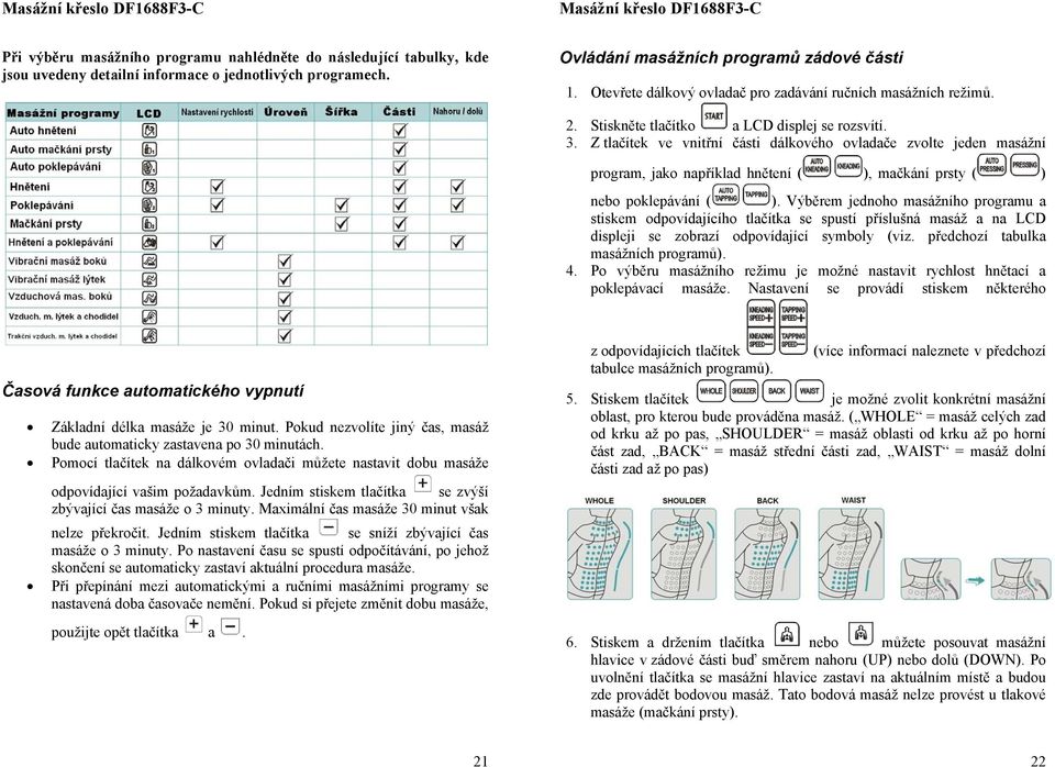 Z tlačítek ve vnitřní části dálkvéh vladače zvlte jeden masážní prgram, jak například hnětení ( ), mačkání prsty ( ) neb pklepávání ( ).