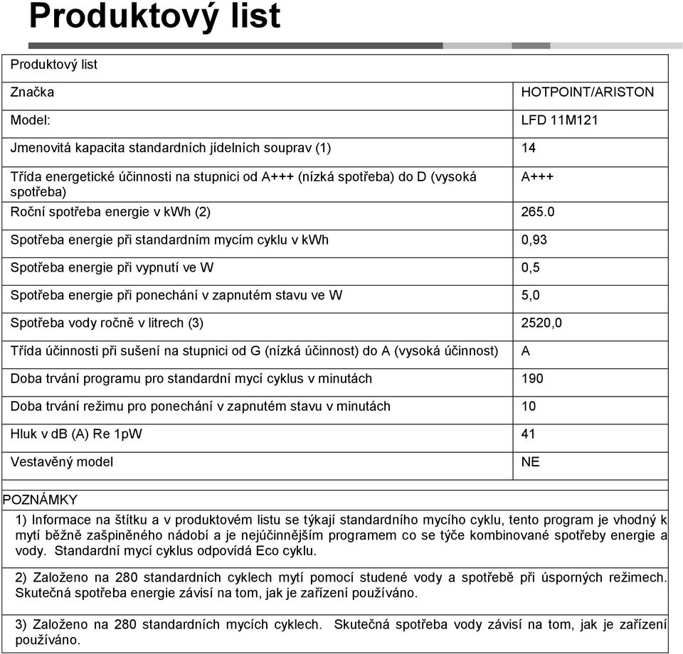 0 Spotřeba energie při standardním mycím cyklu v kwh 0,93 Spotřeba energie při vypnutí ve W 0,5 Spotřeba energie při ponechání v zapnutém stavu ve W 5,0 Spotřeba vody ročně v litrech (3) 2520,0 Třída