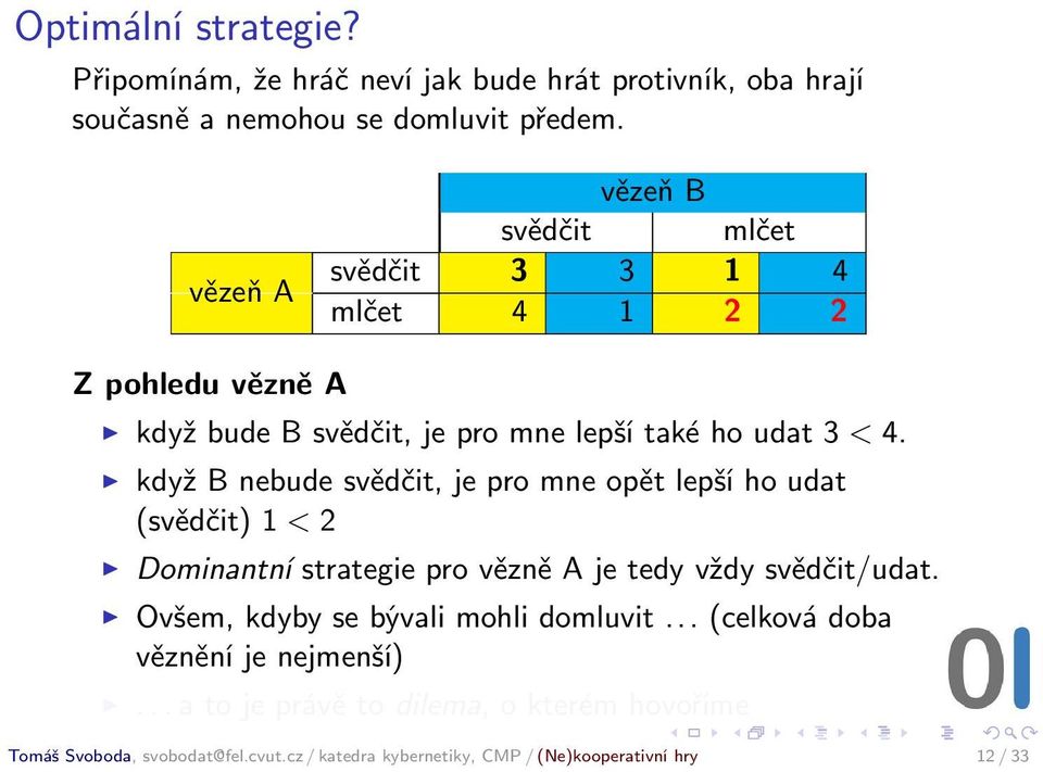 když B nebude svědčit, je pro mne opět lepší ho udat (svědčit) 1 < 2 Dominantní strategie pro vězně A je tedy vždy svědčit/udat.