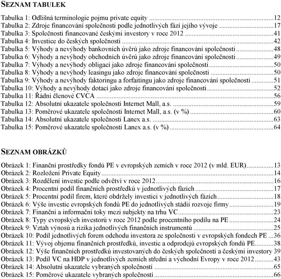 .. 42 Tabulka 5: Výhody a nevýhody bankovních úvěrů jako zdroje financování společnosti... 48 Tabulka 6: Výhody a nevýhody obchodních úvěrů jako zdroje financování společnosti.