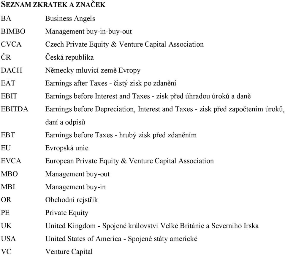 Interest and Taxes - zisk před započtením úroků, daní a odpisů Earnings before Taxes - hrubý zisk před zdaněním Evropská unie European Private Equity & Venture Capital Association Management