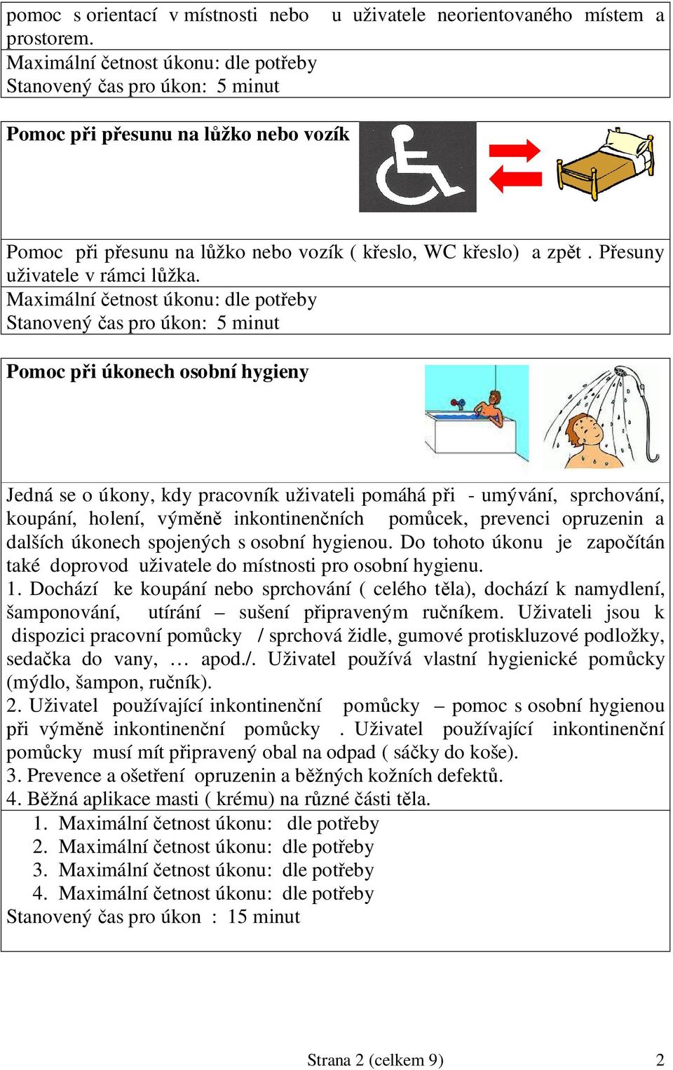 Maximální etnost úkonu: dle poteby Stanovený as pro úkon: 5 minut Pomoc pi úkonech osobní hygieny Jedná se o úkony, kdy pracovník uživateli pomáhá pi - umývání, sprchování, koupání, holení, vým