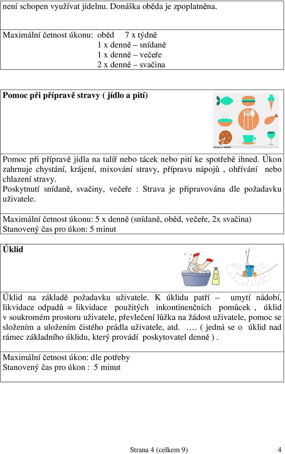 Úkon zahrnuje chystání, krájení, mixování stravy, pípravu nápoj, ohívání nebo chlazení stravy. Poskytnutí snídan, svainy, vee : Strava je pipravována dle požadavku uživatele.