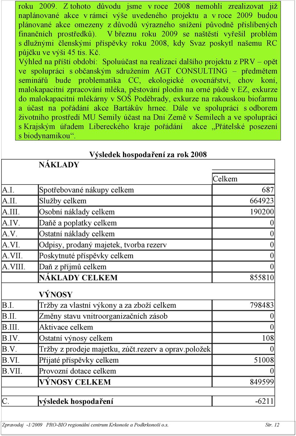 finančních prostředků). V březnu roku 2009 se naštěstí vyřešil problém s dluţnými členskými příspěvky roku 2008, kdy Svaz poskytl našemu RC půjčku ve výši 45 tis. Kč.