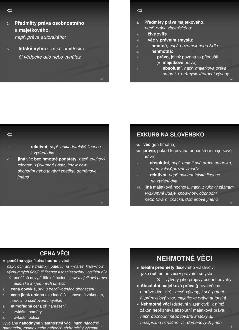 majetková práva autorská, prmyslovprávní výsady 68 EXKURS NA SLOVENSKO o relativní, nap. nakladatelská licence k vydání díla jiná vc bez hmotné podstaty, nap.