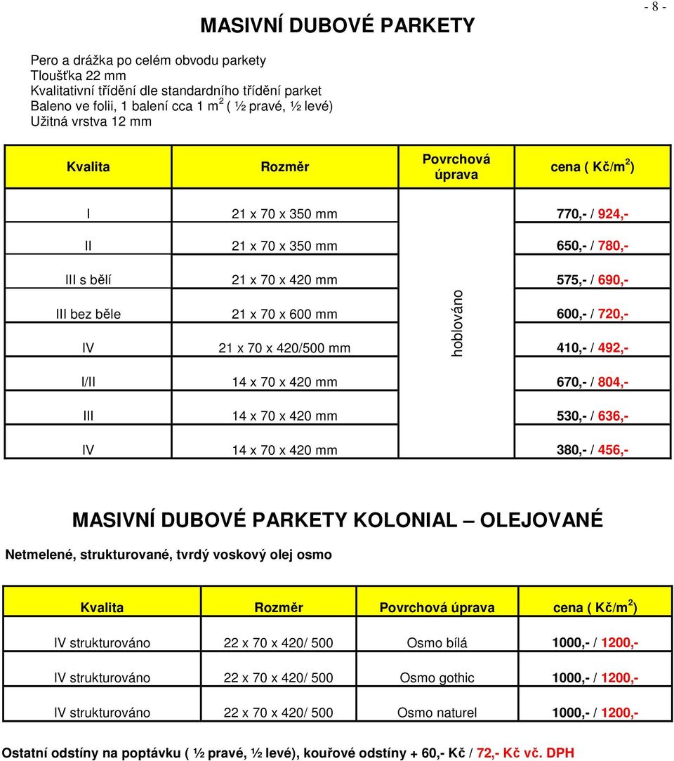 IV 21 x 70 x 420/500 mm 410,- / 492,- I/II 14 x 70 x 420 mm 670,- / 804,- III 14 x 70 x 420 mm 530,- / 636,- hoblováno IV 14 x 70 x 420 mm 380,- / 456,- MASIVNÍ DUBOVÉ PARKETY KOLONIAL OLEJOVANÉ