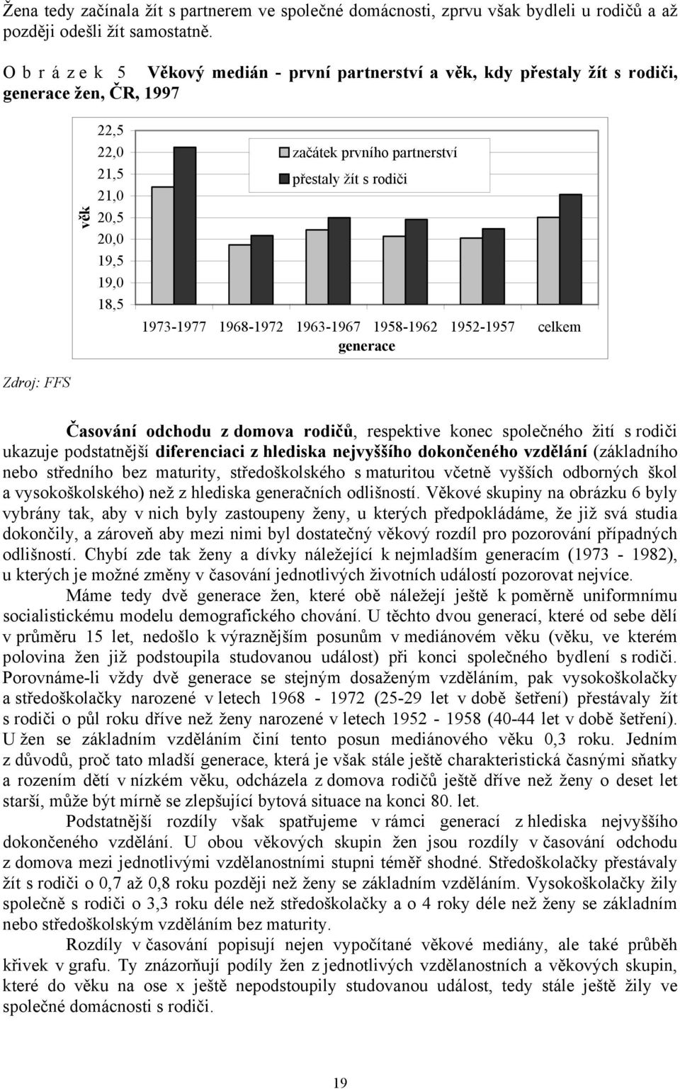 rodiči 1973-1977 1968-1972 1963-1967 1958-1962 1952-1957 celkem generace Zdroj: FFS Časování odchodu z domova rodi čů, respektive konec společného žití s rodiči ukazuje podstatnější diferenciaci z