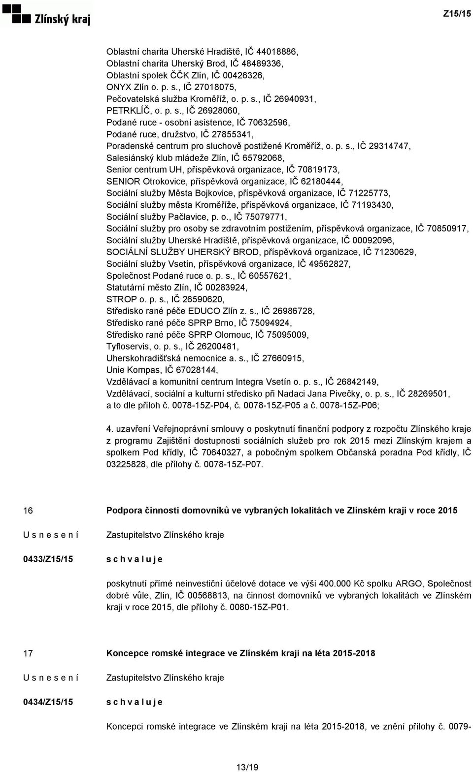 mládeže Zlín, IČ 65792068, Senior centrum UH, příspěvková organizace, IČ 70819173, SENIOR Otrokovice, příspěvková organizace, IČ 62180444, Sociální služby Města Bojkovice, příspěvková organizace, IČ