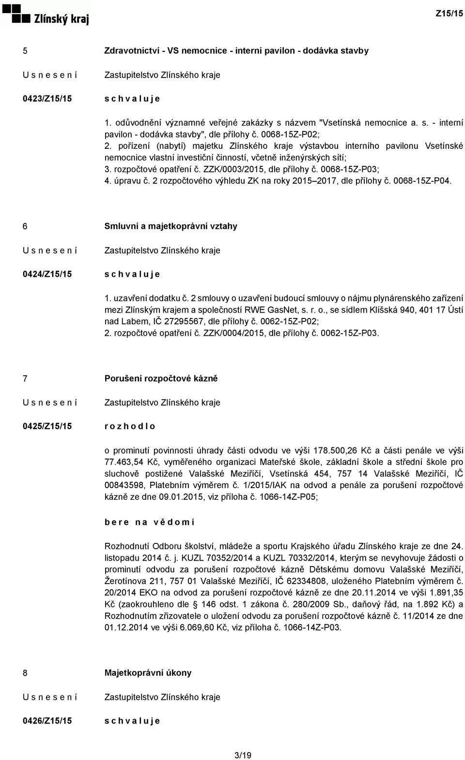 ZZK/0003/2015, dle přílohy č. 0068-15Z-P03; 4. úpravu č. 2 rozpočtového výhledu ZK na roky 2015 2017, dle přílohy č. 0068-15Z-P04. 6 Smluvní a majetkoprávní vztahy 0424/Z15/15 1. uzavření dodatku č.