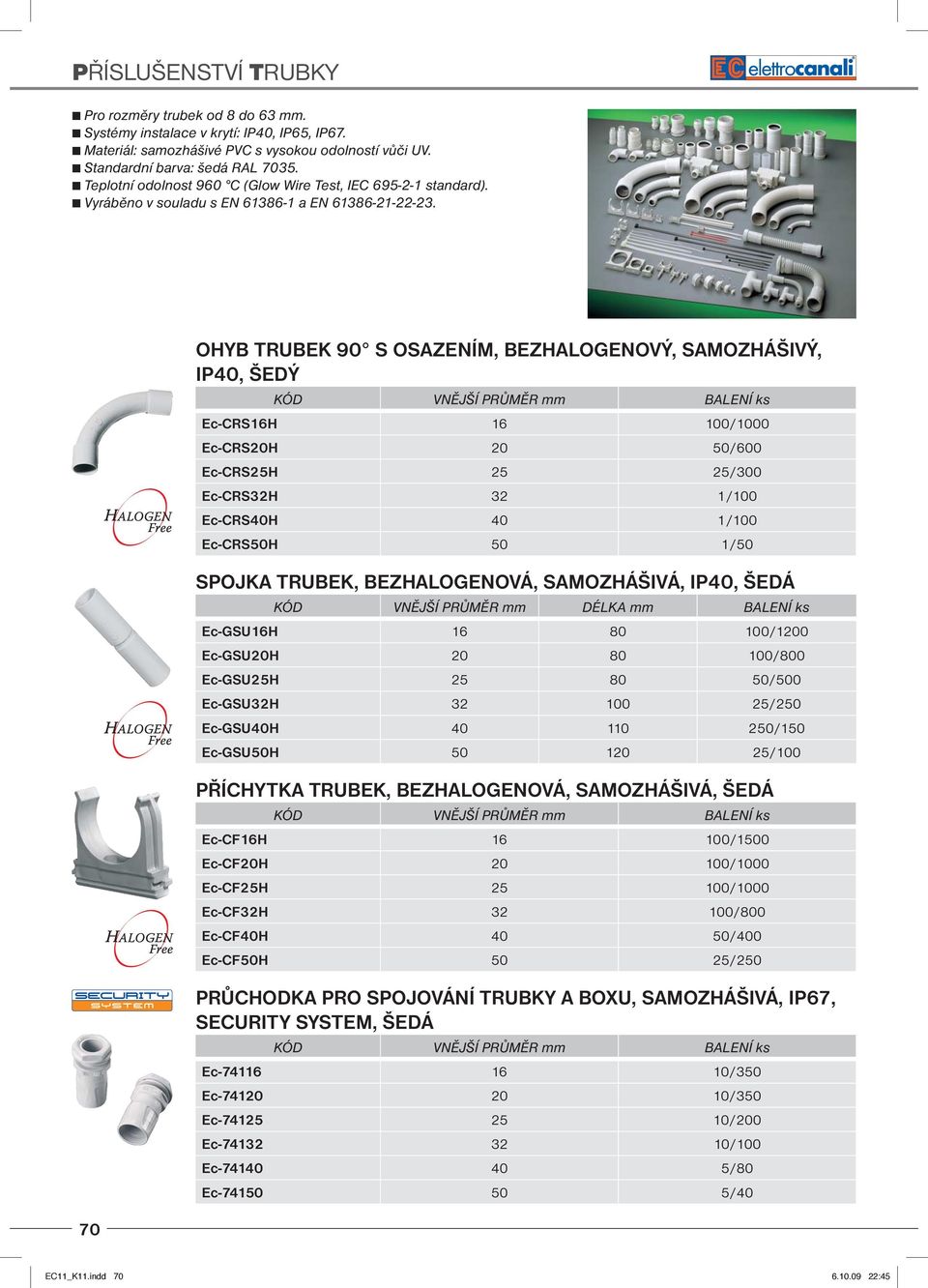 70 OHYB TRUBEK 90 S OSAZENÍM, BEZHALOGENOVÝ, SAMOZHÁŠIVÝ, IP40, ŠEDÝ Ec-CRS16H 16 100/1000 Ec-CRS20H 20 50/600 Ec-CRS25H 25 25/300 Ec-CRS32H 32 1/100 Ec-CRS40H 40 1/100 Ec-CRS50H 50 1/50 SPOJKA