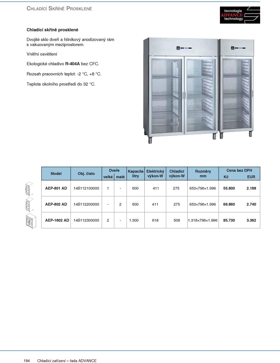 číslo Dveře Kapacita Elektrický Chladící Rozměry Cena bez DPH velké malé litry mm AEP-801 AD 14B112100000 1-600 411 275 653 796 1.996 55.800 2.