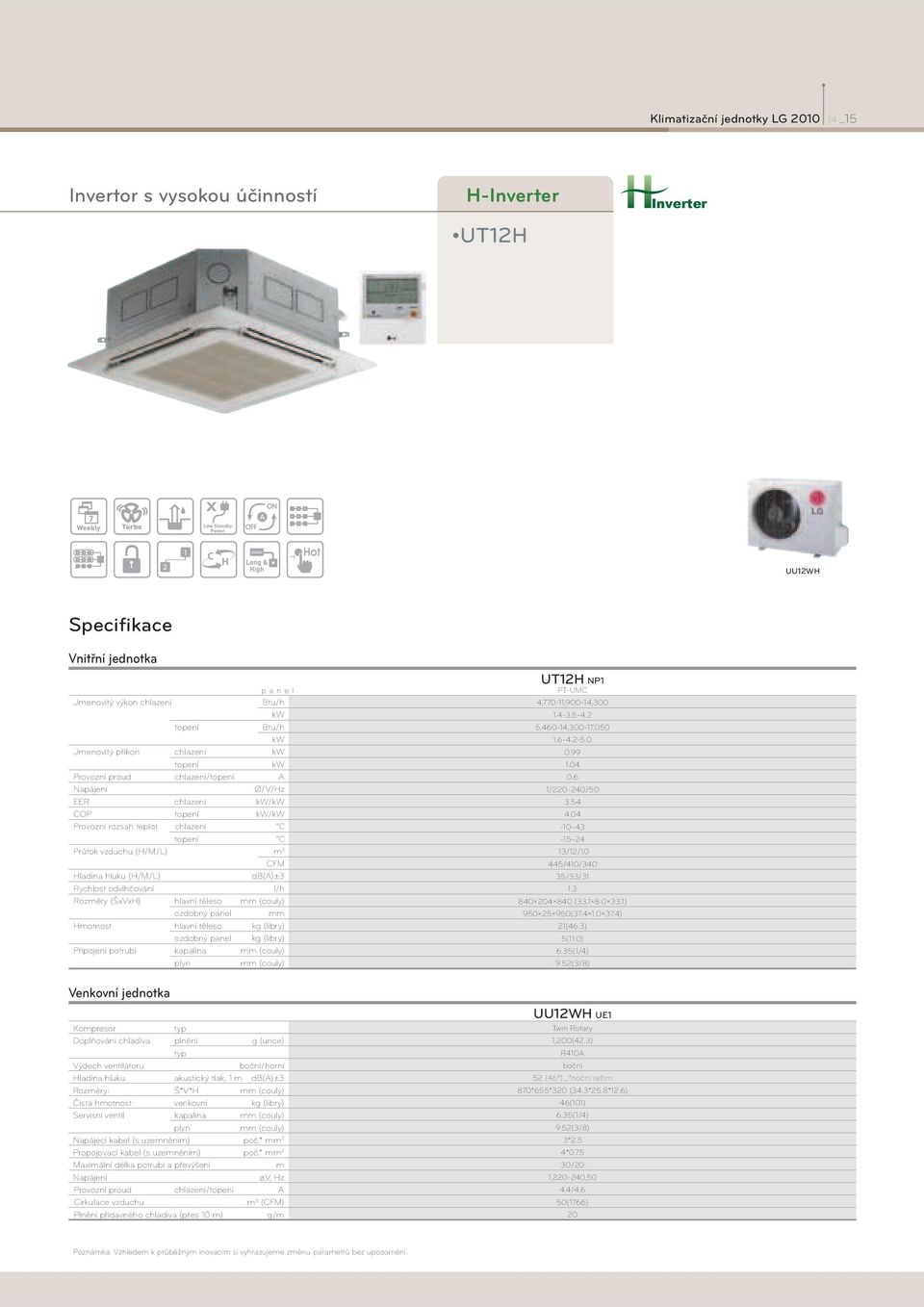 mm (couly) ozdobný panel mm Hmotnost hlavní těleso kg (libry) ozdobný panel kg (libry) Připojení potrubí kapalina mm (couly) plyn mm (couly) UT12H NP1 PT-UMC 4,770-11,900-14,300 1.4-3.5-4.