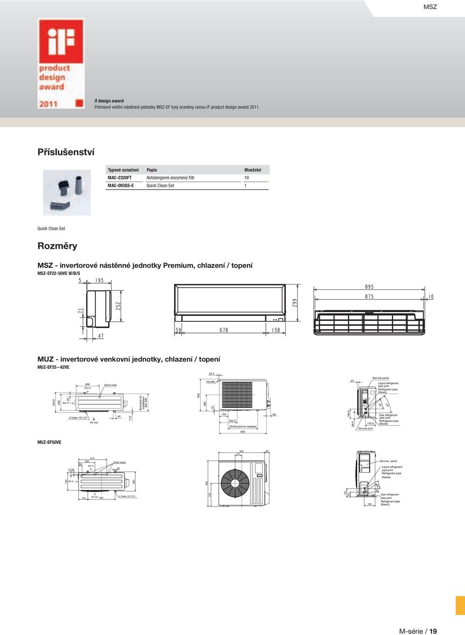 topení MSZ-EF22-50VE W/B/S MUZ - invertorové venkovní jednotky, chlazení / topení MUZ-EF25 42VE 344.5 285 44 Air in 400 Air in Drain hole Bolt pitch for installation 304-325 550 280 22.