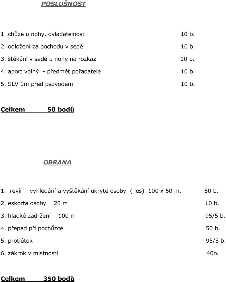 Celkem 50 bdů OBRANA 1. revír vyhledání a vyštěkání ukryté sby ( les) 100 x 60 m. 50 b. 2.