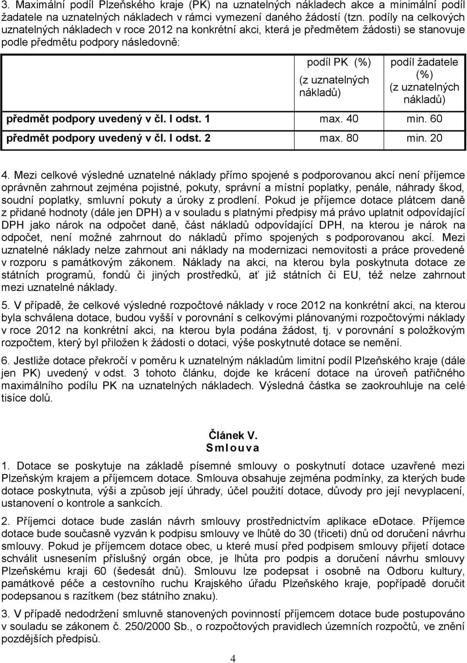 žadatele (%) (z uznatelných nákladů) předmět podpory uvedený v čl. I odst. 1 max. 40 min. 60 předmět podpory uvedený v čl. I odst. 2 max. 80 min. 20 4.