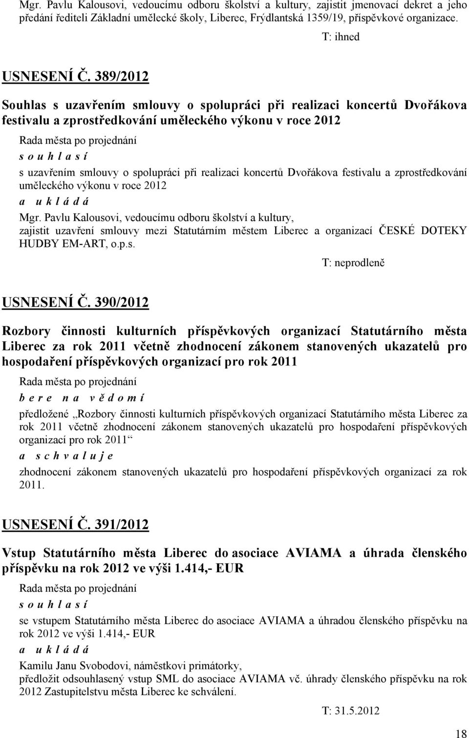 389/2012 Souhlas s uzavřením smlouvy o spolupráci při realizaci koncertů Dvořákova festivalu a zprostředkování uměleckého výkonu v roce 2012 souhlasí s uzavřením smlouvy o spolupráci při realizaci