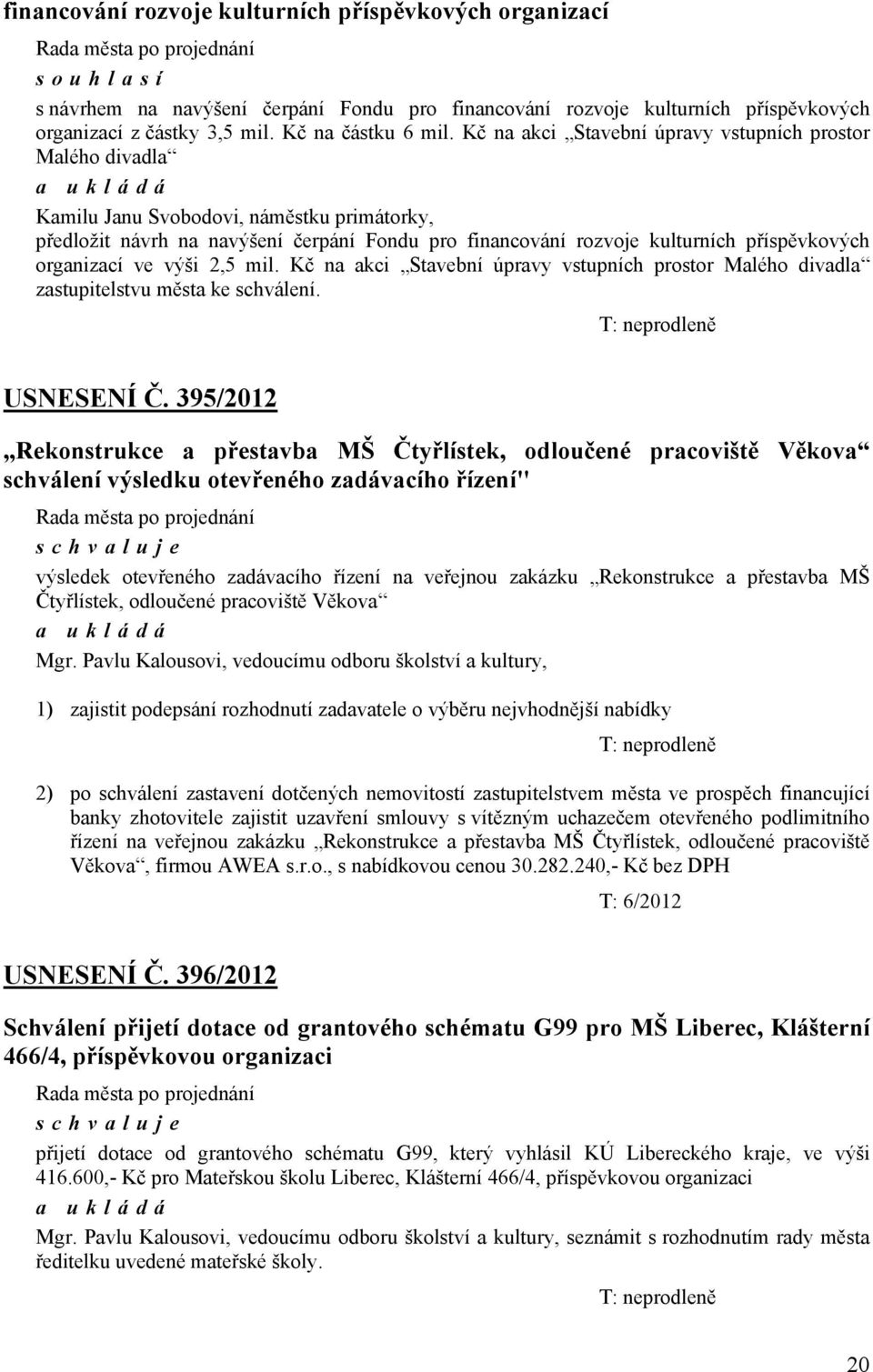 organizací ve výši 2,5 mil. Kč na akci Stavební úpravy vstupních prostor Malého divadla zastupitelstvu města ke schválení. T: neprodleně USNESENÍ Č.