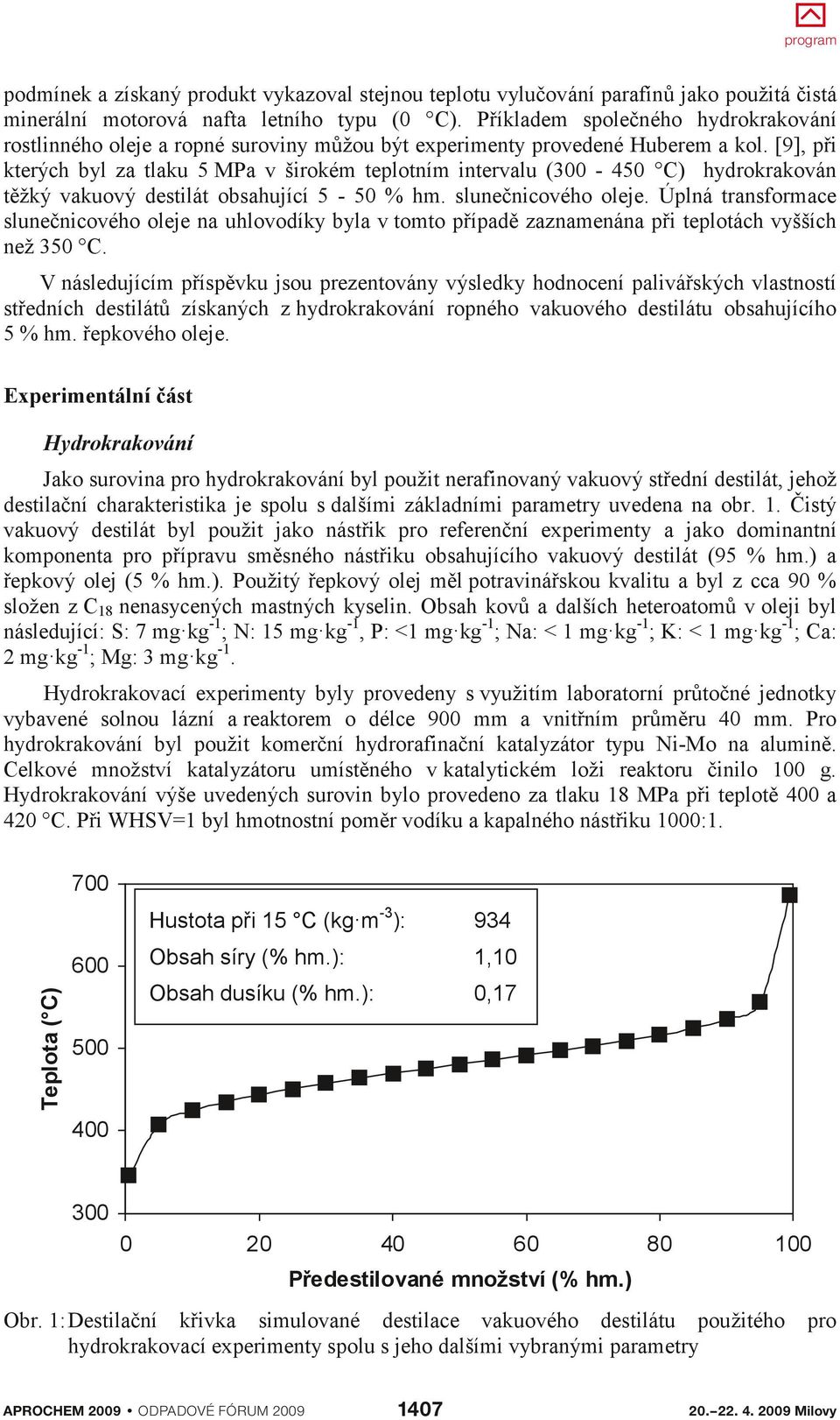 [9], při kterých byl za tlaku 5 MPa v širokém teplotním intervalu (300 50 C) hydrokrakován těžký vakuový destilát obsahující 5 50 % hm. slunečnicového oleje.