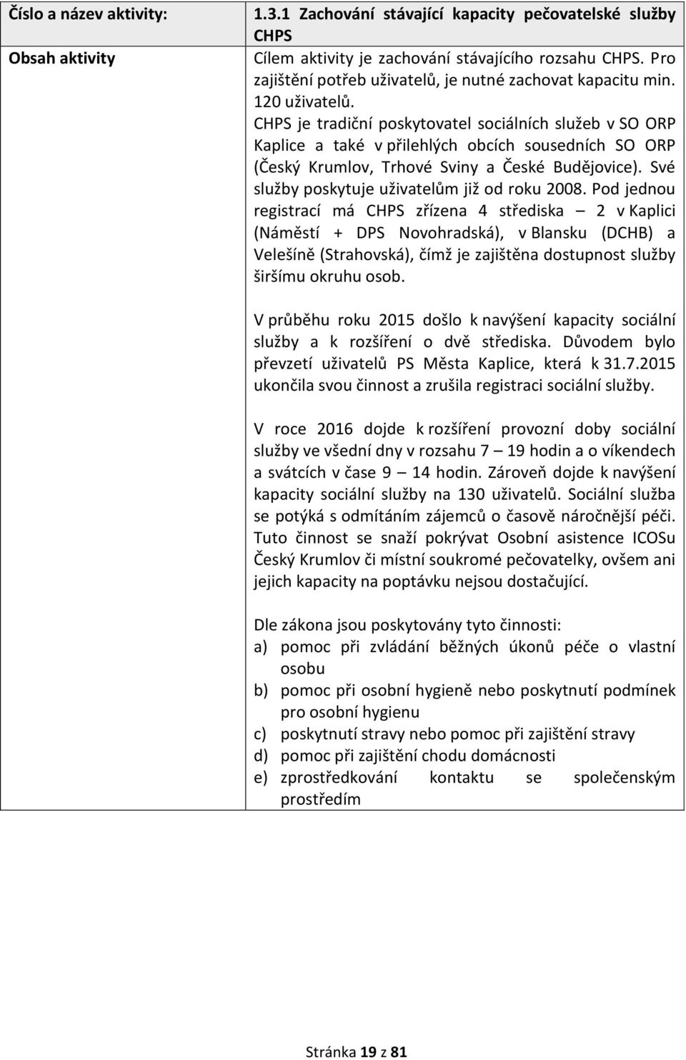 CHPS je tradiční poskytovatel sociálních služeb v SO ORP Kaplice a také v přilehlých obcích sousedních SO ORP (Český Krumlov, Trhové Sviny a České Budějovice).