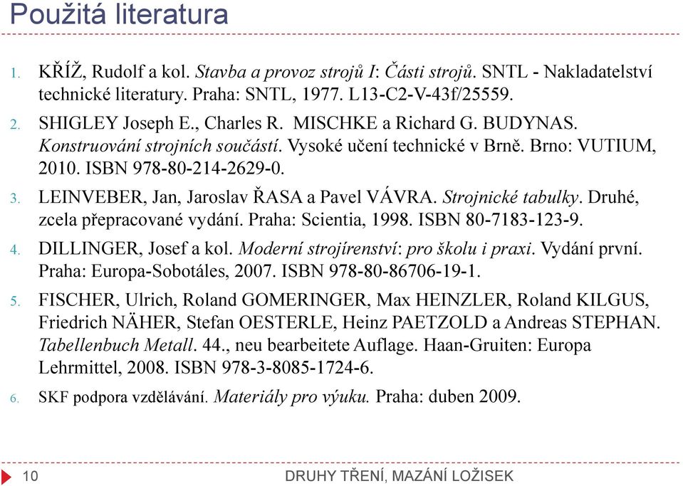 Strojnické tabulky. Druhé, zcela přepracované vydání. Praha: Scientia, 1998. ISBN 80-7183-123-9. 4. DILLINGER, Josef a kol. Moderní strojírenství: pro školu i praxi. Vydání první.