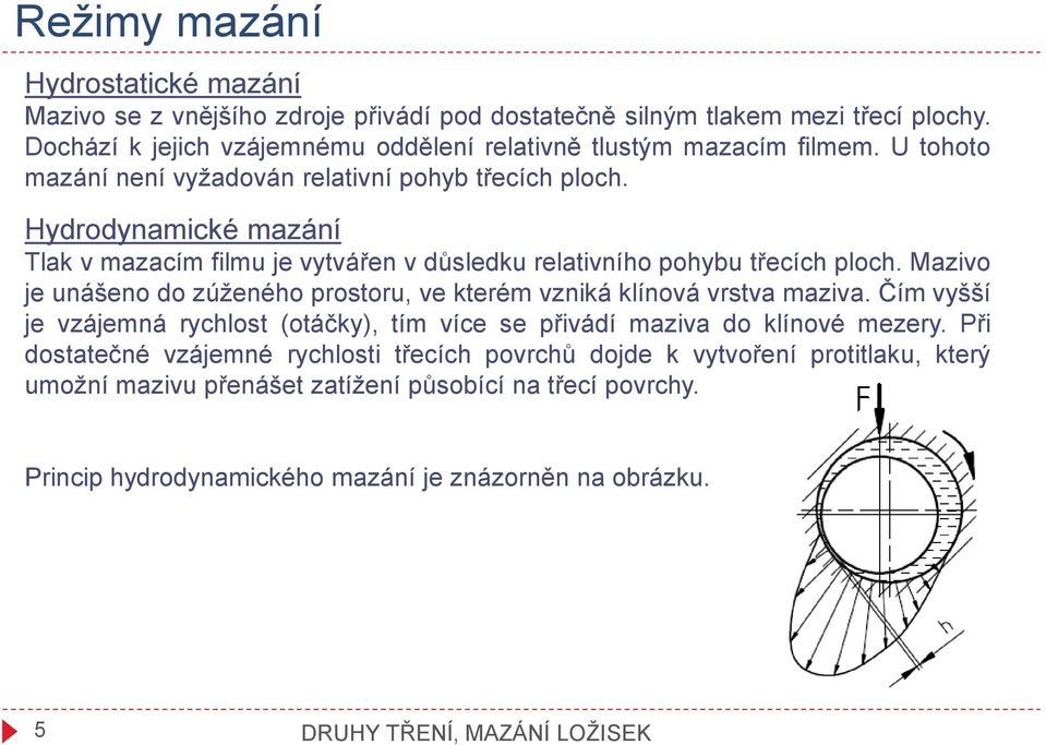 Hydrodynamické mazání Tlak v mazacím filmu je vytvářen v důsledku relativního pohybu třecích ploch. Mazivo je unášeno do zúženého prostoru, ve kterém vzniká klínová vrstva maziva.