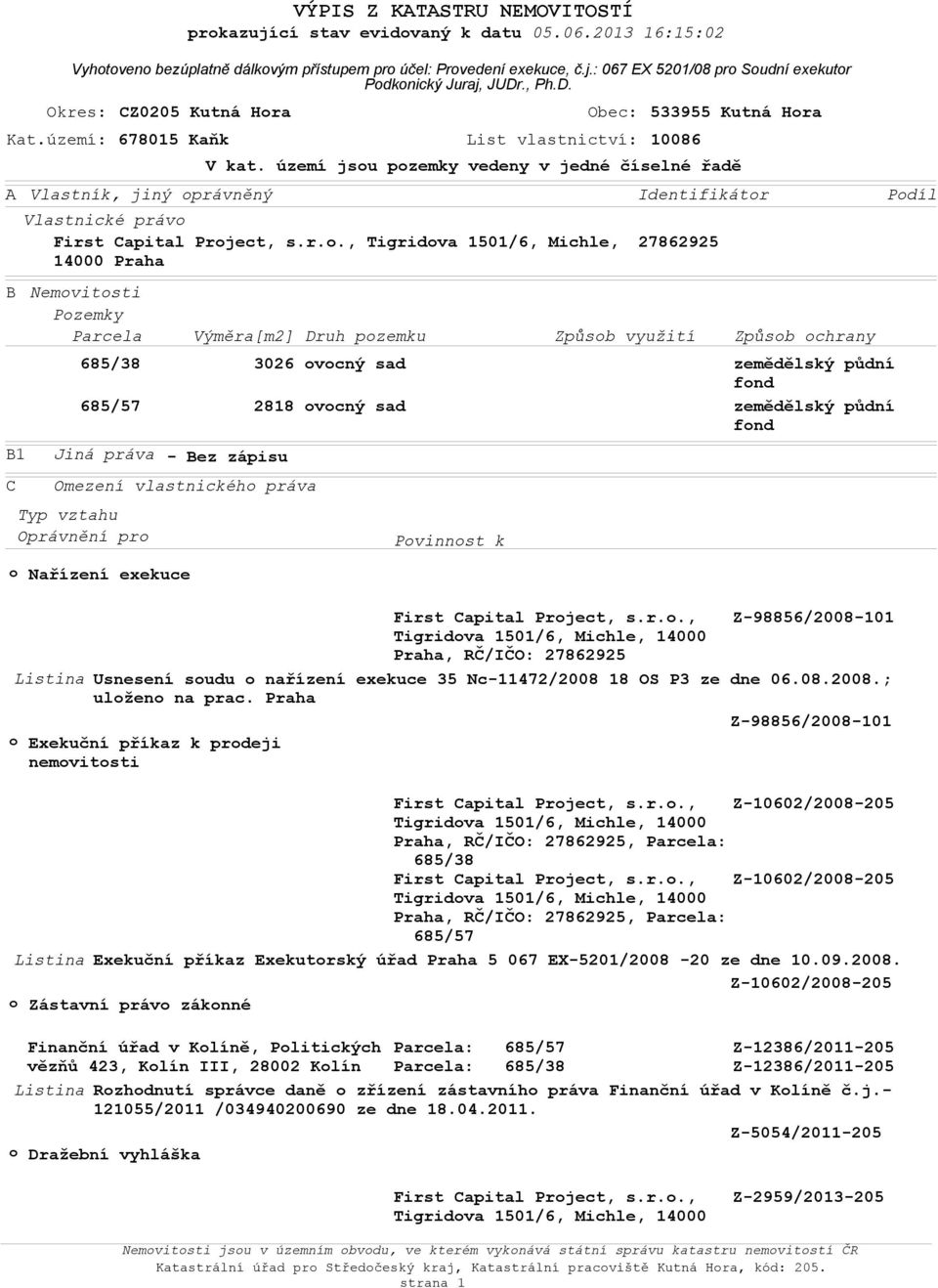 území: 678015 Kaňk List vlastnictví: 10086 Vlastnické právo First Capital Project, s.r.o., Tigridova 1501/6, Michle, 14000 Praha 685/38 685/57 Typ vztahu Oprávnění pro 533955 Kutná Hora V kat.