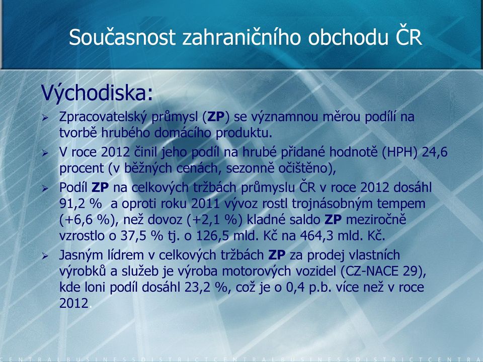 dosáhl 91,2 % a oproti roku 2011 vývoz rostl trojnásobným tempem (+6,6 %), neţ dovoz (+2,1 %) kladné saldo ZP meziročně vzrostlo o 37,5 % tj. o 126,5 mld.